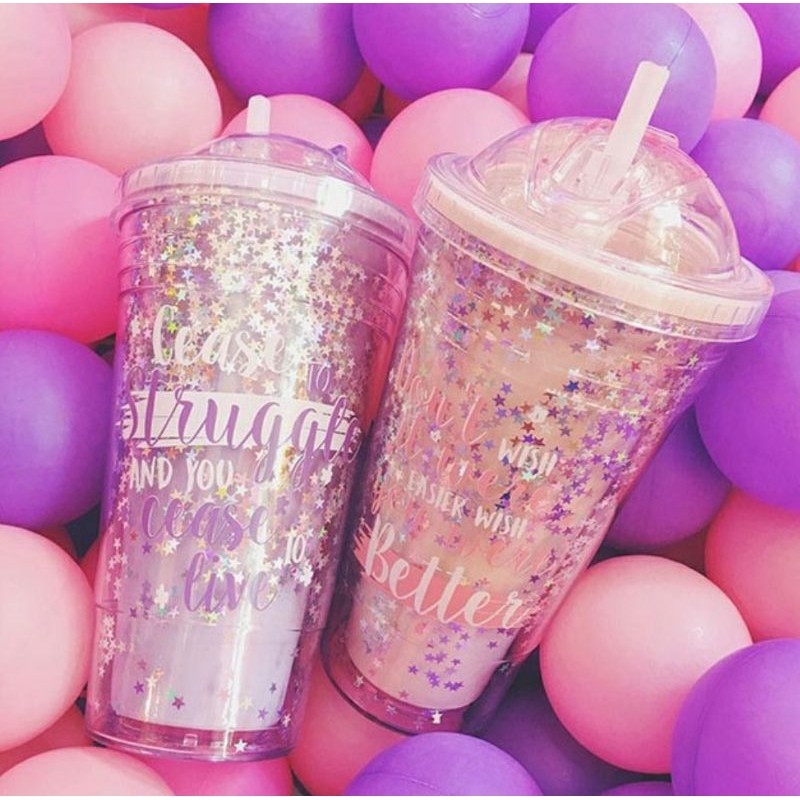 Glitter Tumbler Cups Blink Gelas Botol Minum Air Sedotan 450ml