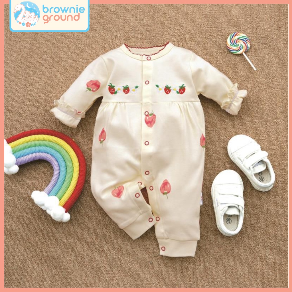 BROWNIEGROUND - Jumper bayi perempuan MOTIF STRAWBERRY warna SOFT YELLOW lucu 0-12 bulan / baju bayi perempuan  jumper bayi jumpsuit baby girl