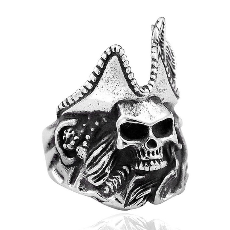 Perhiasan Cincin Punk Vintage Desain Kapten Bajak Laut Tengkorak untuk Pria