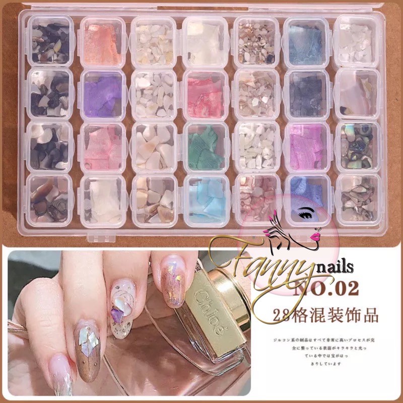 1 SET 28 bentuk warna shell mix nailart / hiasan kerang nail art dengan box / nail gems wheel acc