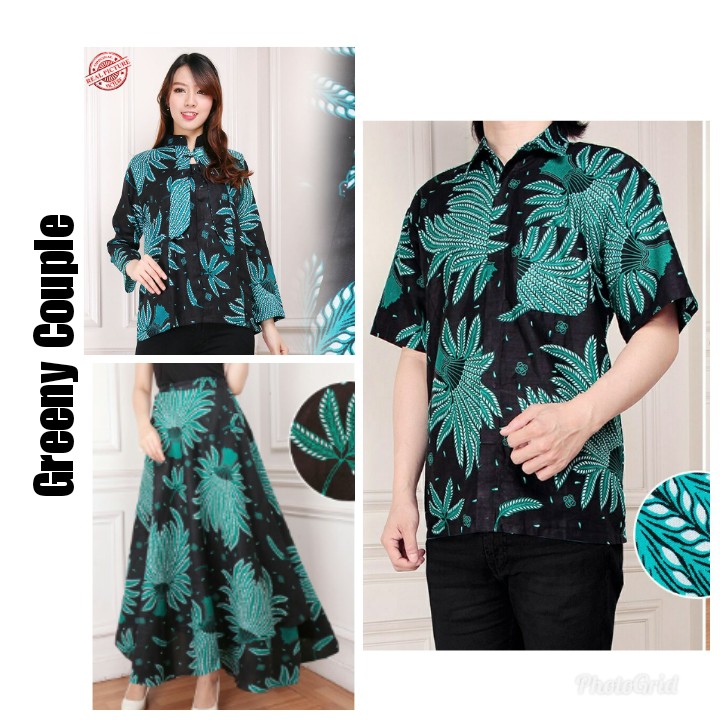 Couple Atasan Blouse Batik Jihana Rok Payung Maxi Wanita dan Kemeja Batik Pria