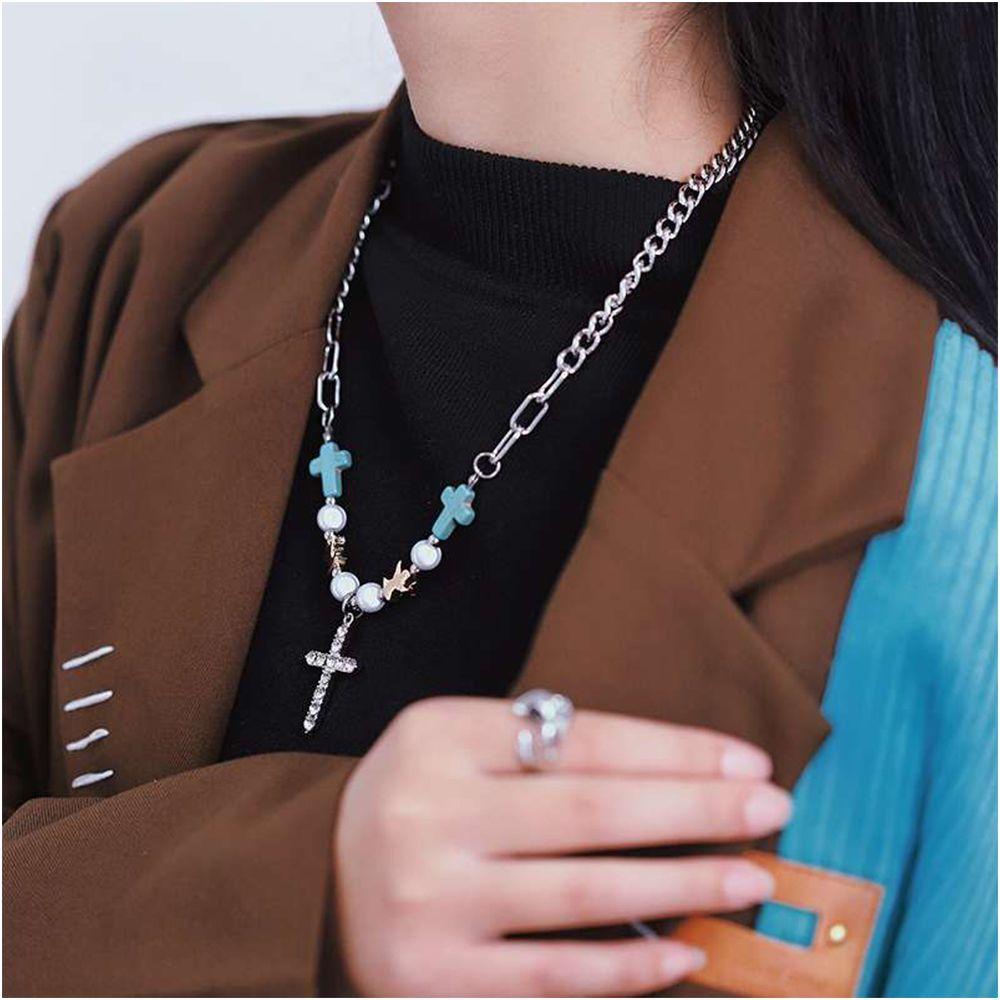 Mxbeauty Kalung Pria Hip-hop Vintage Liontin Salib Fashion Perhiasan Turquoise Beads Titanium Steel Tali Tangan