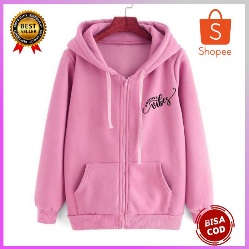 Jaket Hoodie Wanita Atasan POSITIVE VIBES Bahan Babyterry