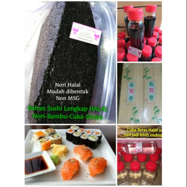 Paket 4 bahan sushi isi nori + bambu + shoyu + cuka halal rumput laut soy sauce vinegar bahan sushi