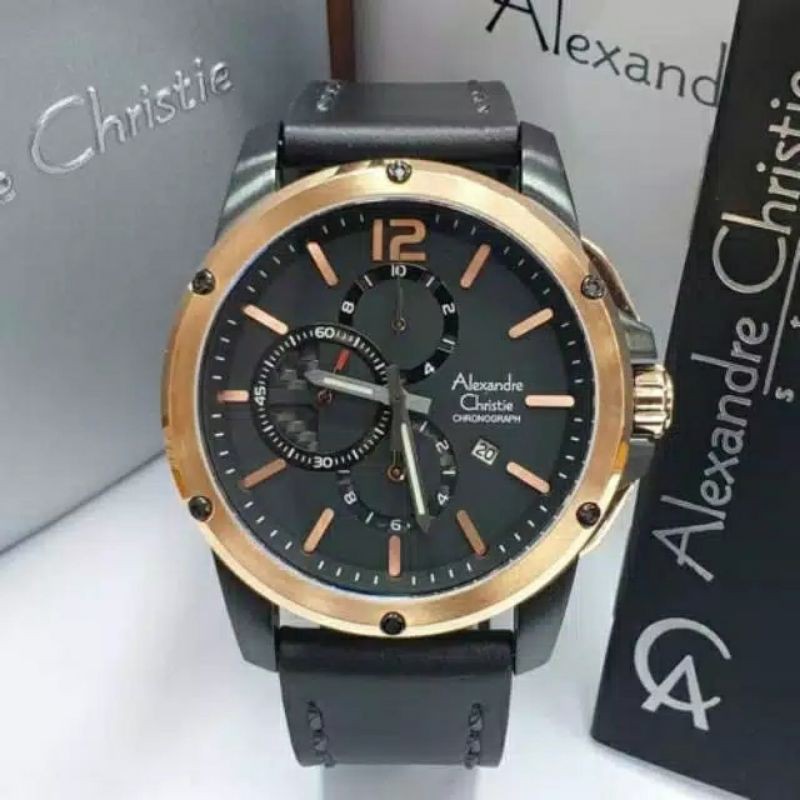 jam tangan alexandre christie ac6486 kulit cowok/pria original