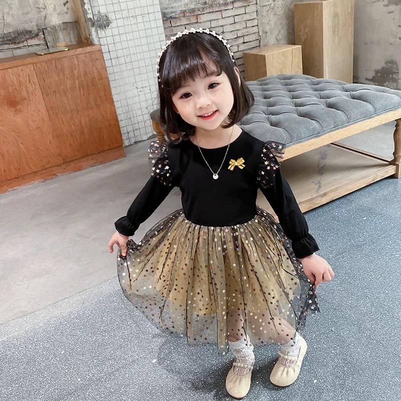 Dress Anak Prinicess Lengen Panjang Style Motif Star HItam