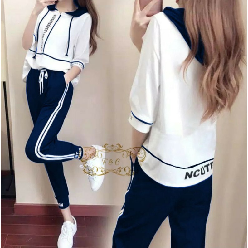 Setelan Hoodie Ncute One Set Wanita Trendy Kekinian Cantik Polos Terbaru 2021 Setcel Casual Modis L