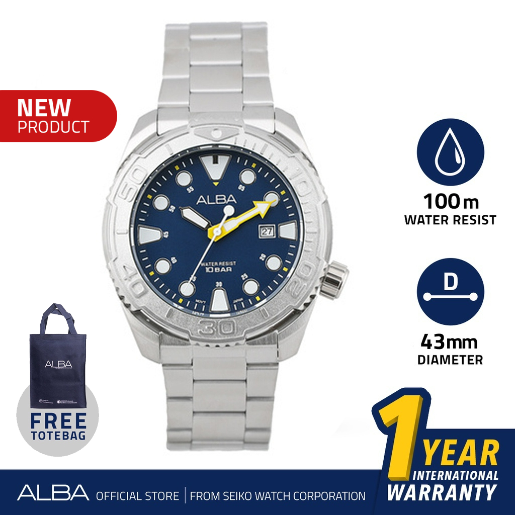 Alba Active Jam Tangan Pria AG8M19 / AG8M19X1 Quartz Navy Blue Dial Stainless Steel Strap Watch