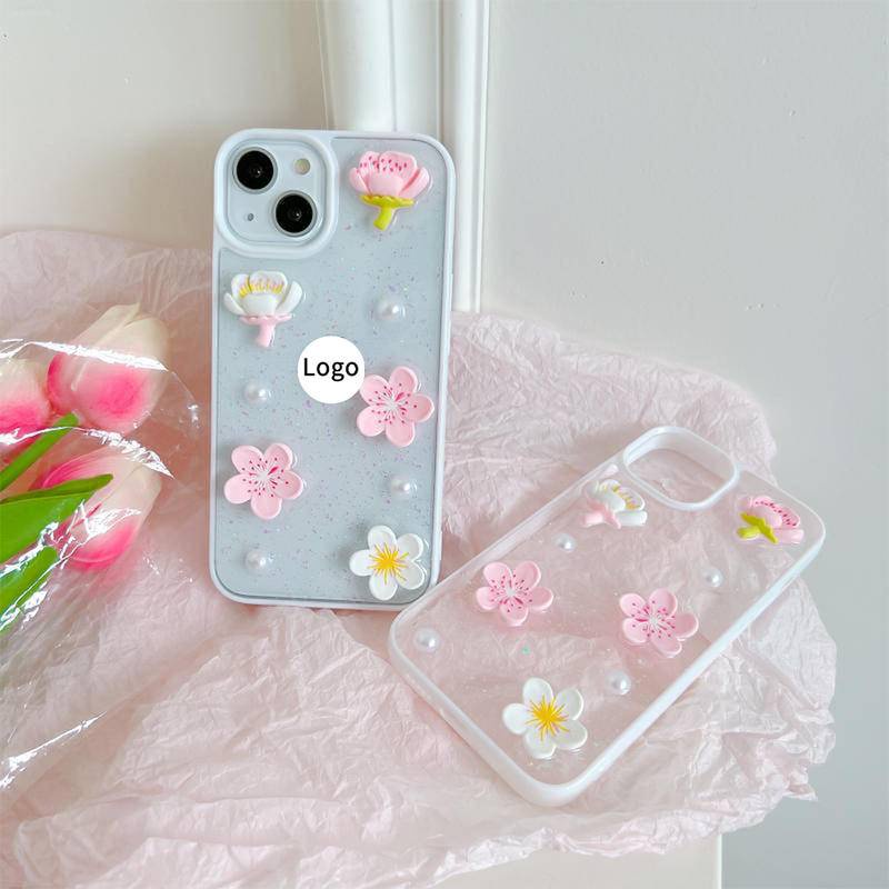 Soft Case Silikon Motif Bunga Sakura 3D Glitter Untuk iPhone 13 12 11 Pro MAX Mini X XS MAX XR SE 2022 2020 7 8 Plus