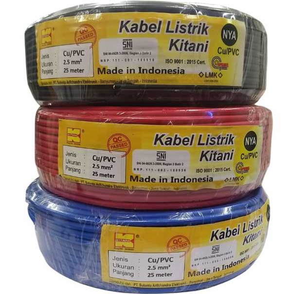 Kabel NYA 1.5 Kitani 25 Meter Full Tembaga / NYA 1.5 mm Kitani - Merah - Biru - Hitam