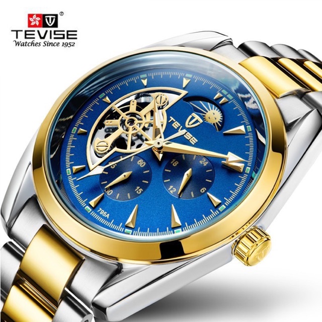 Jam Tangan Mekanik Automatic Tevise Tourbillon Fase Bulan Silver Gold Blue