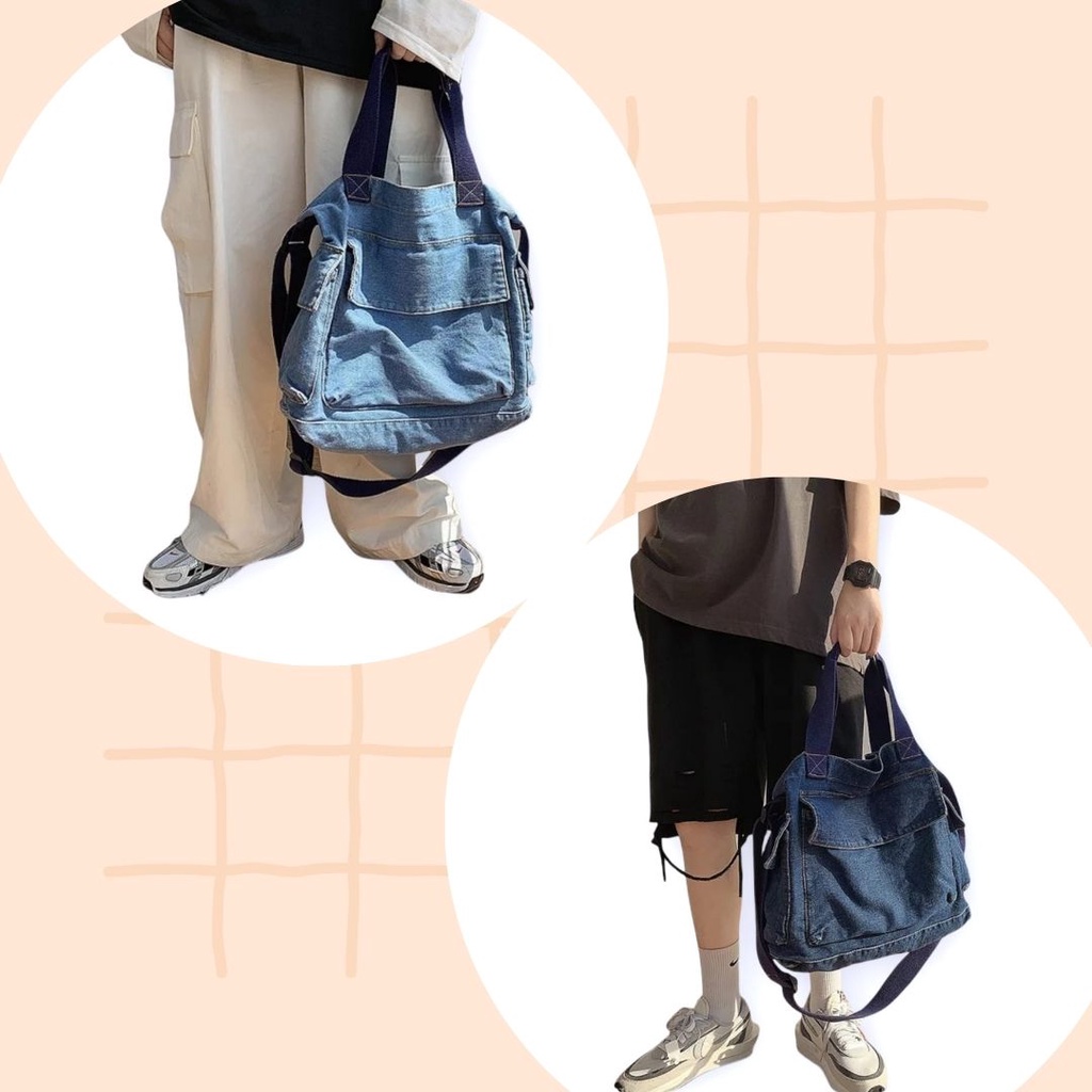 OAOE DTSB Denim Tote Sling Bag (Tas Selempang Jinjing Jeans) Cewek Wanita Koren Style Kanvas Unik Ae