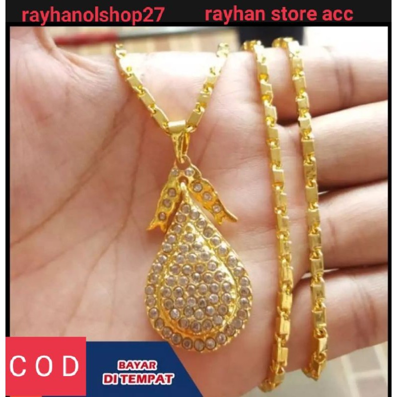 [ BAYAR DITEMPAT ] SET KALUNG LIONTIN LABU PERMATA LAPIS EMAS 24K SEPUHAN KUNING ASLI MEWAH