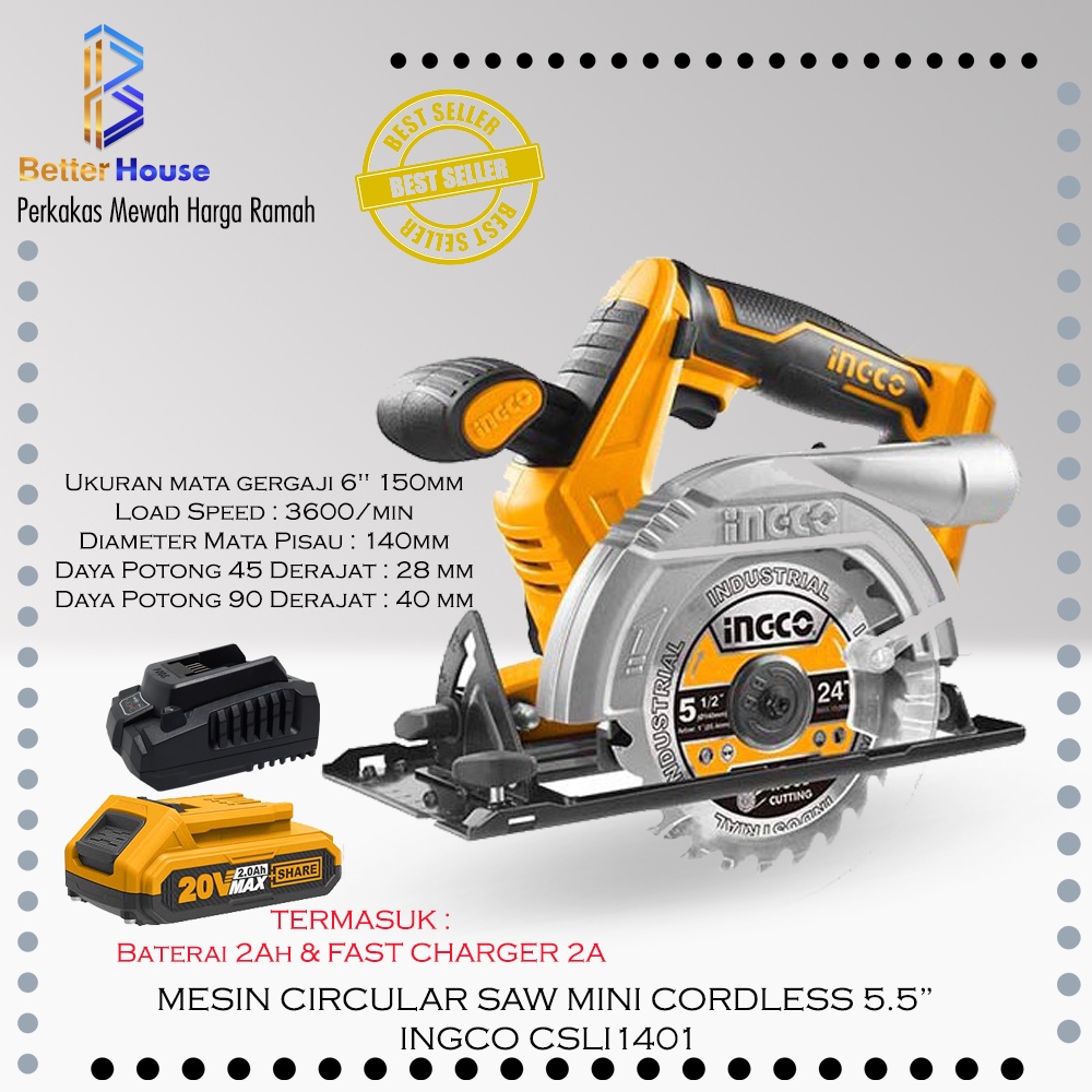 MESIN CIRCULAR SAW SERKEL CORDLESS 20V 5.5 inch INGCO CSLI1401 2ah Cas