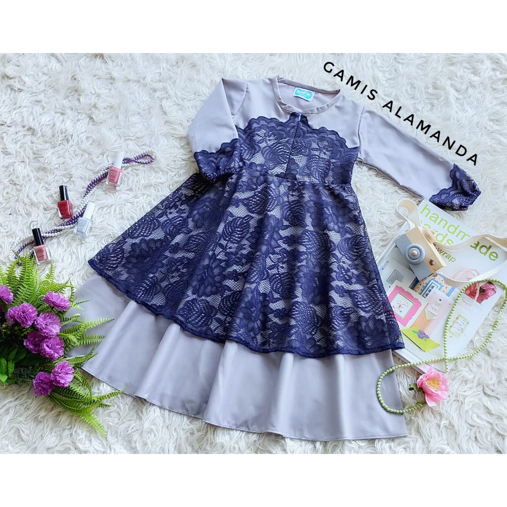 Gamis Anak Perempuan Model Alamanda Warna Abu Combi Navy Shopee Indonesia