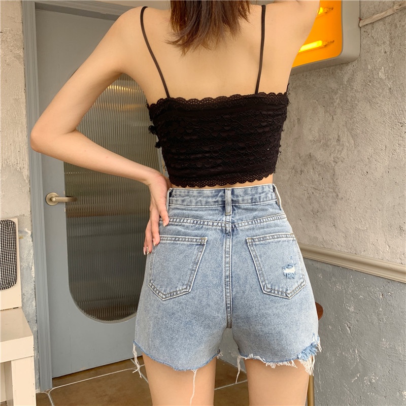 Hot pants jeans wanita sobek celana pendek high waist wanita ripped jeans cewek kekinian 2023