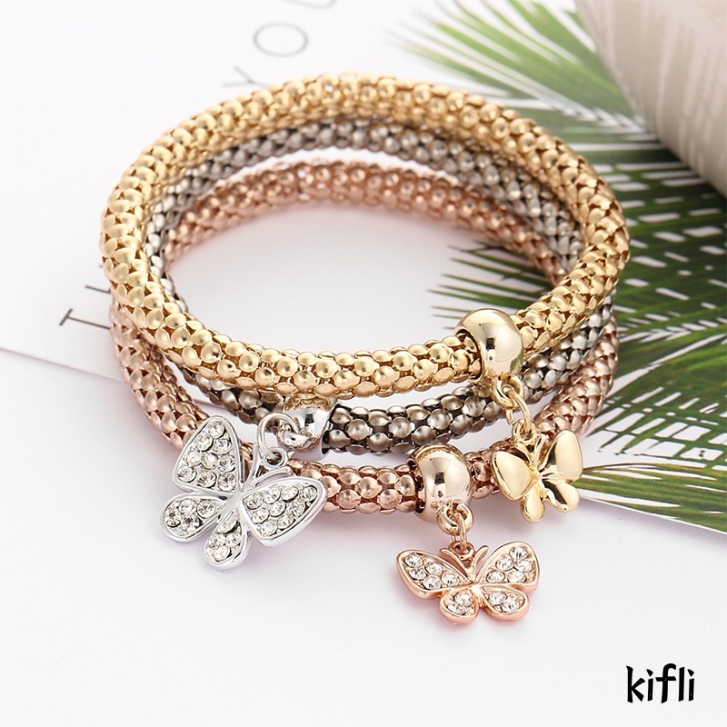 3pcs / Set,Berlian Bertatahkan Kupu-kupu  Kunci  Kunci Liontin ,Gelang Tiga Warna Set,Gelang Perhiasan Wanita