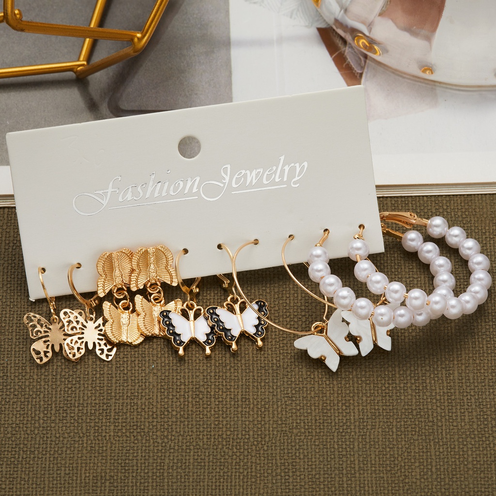 5pcs / 6pcs / set Anting Klip Telinga Kombinasi Desain Kupu-Kupu hollow Hias Mutiara Imitasi Untuk Pria / Wanita butterfly