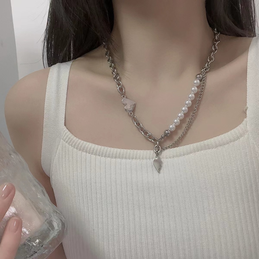 Kalung Rantai Dengan Liontin Mutiara Bentuk Hati Gaya Korea