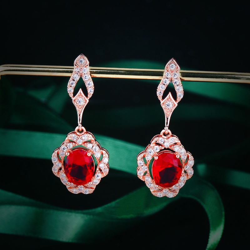 Anting Drop Panjang Bentuk Oval Kubik Zirkon Warna Merah Gaya Klasik Untuk Wanita