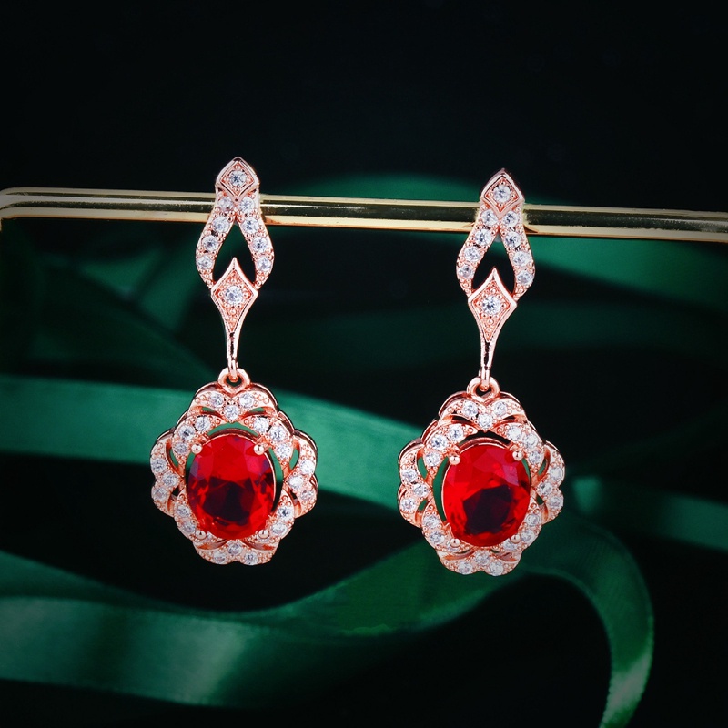 Anting Drop Panjang Bentuk Oval Kubik Zirkon Warna Merah Gaya Klasik Untuk Wanita