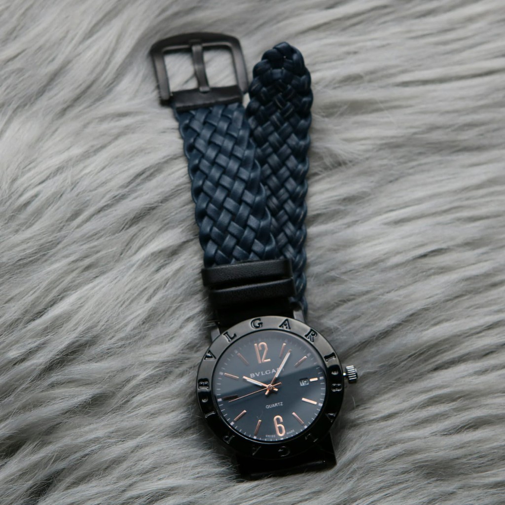 Jam Tangan Wanita Cewek Analog Fashion Bulgari Premium Tanggal Tali Kulit Kepang