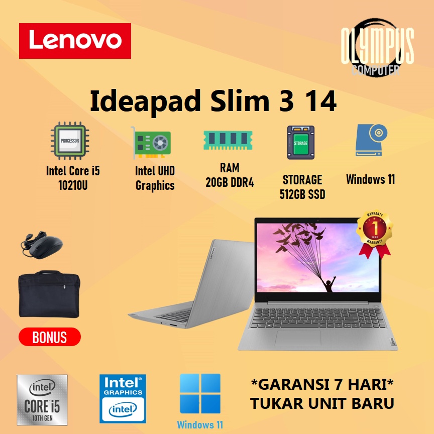 LAPTOP LENOVO IDEAPAD SLIM 3 14 i5 10210U 20GB 512SSD W11 14"FHD