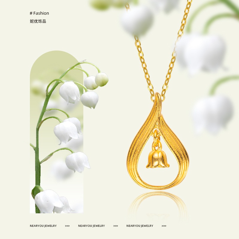 Goldkingdom Perhiasan Fashion 24K Bangkok Aksesoris Ready Stock Berlapis Emas Asli Kadar 375 Lily of The Orchid Pendant Kalung Segar Dan Manis Busur Simpul Klavikula Rantai Wanita