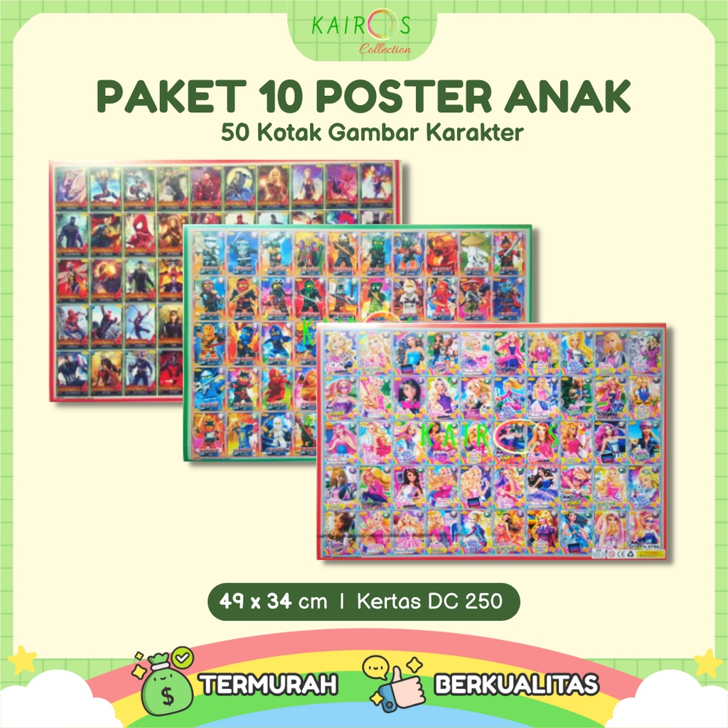 Paket 10 Poster Anak Edukasi Belajar Aneka Karakter 50 Kotak