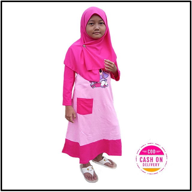 Set gamis hijab anak bahan kaos / Gamis plus kerudung / Gamis anak karakter muslim / Gamis syar'i