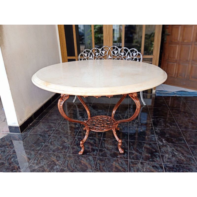 Meja Makan Marmer 100cm Kaki Besi Ukir