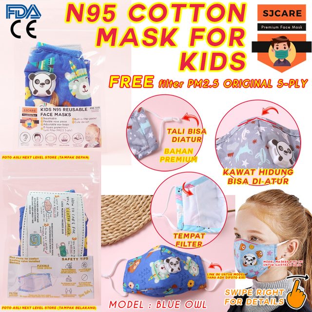 SJCare Masker Anak Premium Kids Katup Respirator FREE FILTER PM 2.5 - Blue Owl