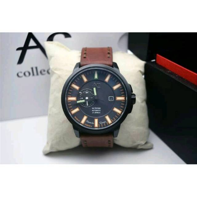 Jam Tangan Pria Alexandre Christie AC 9202 NM ALIPBAOR Night Vision Automatic Black Dial Brown Leather Strap