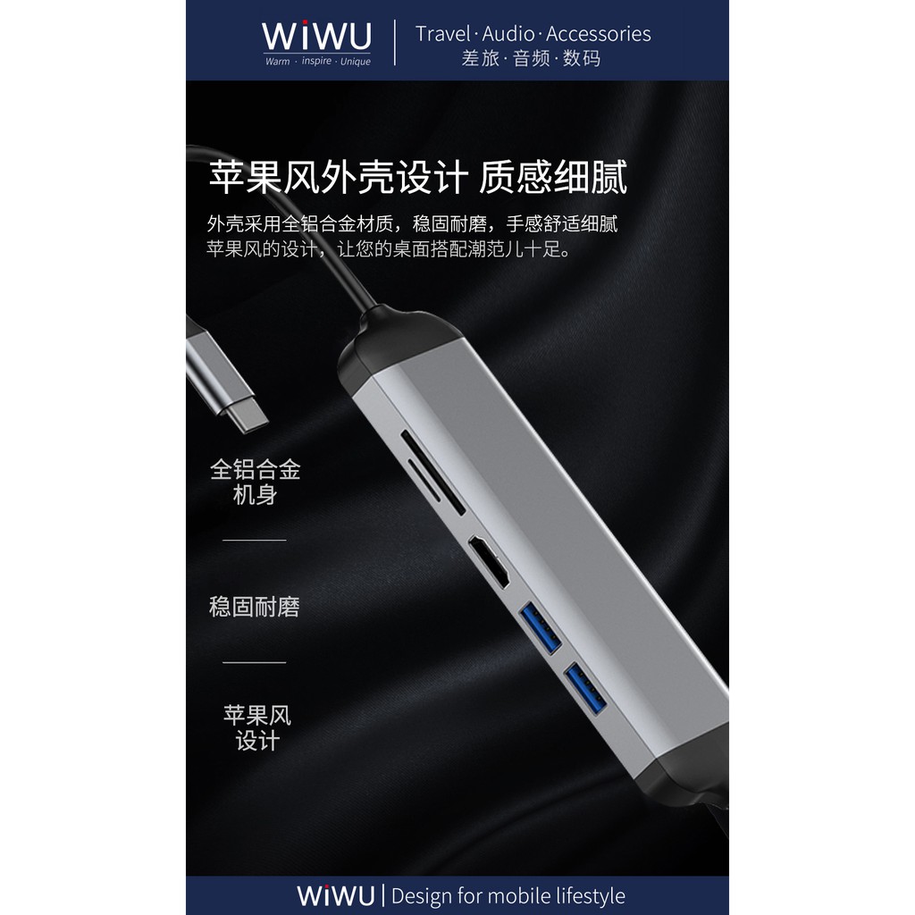 WIWU Alpha 521H 5 in 1 USB-C HUB Adapter USB HDMI SD TF Card PD Port