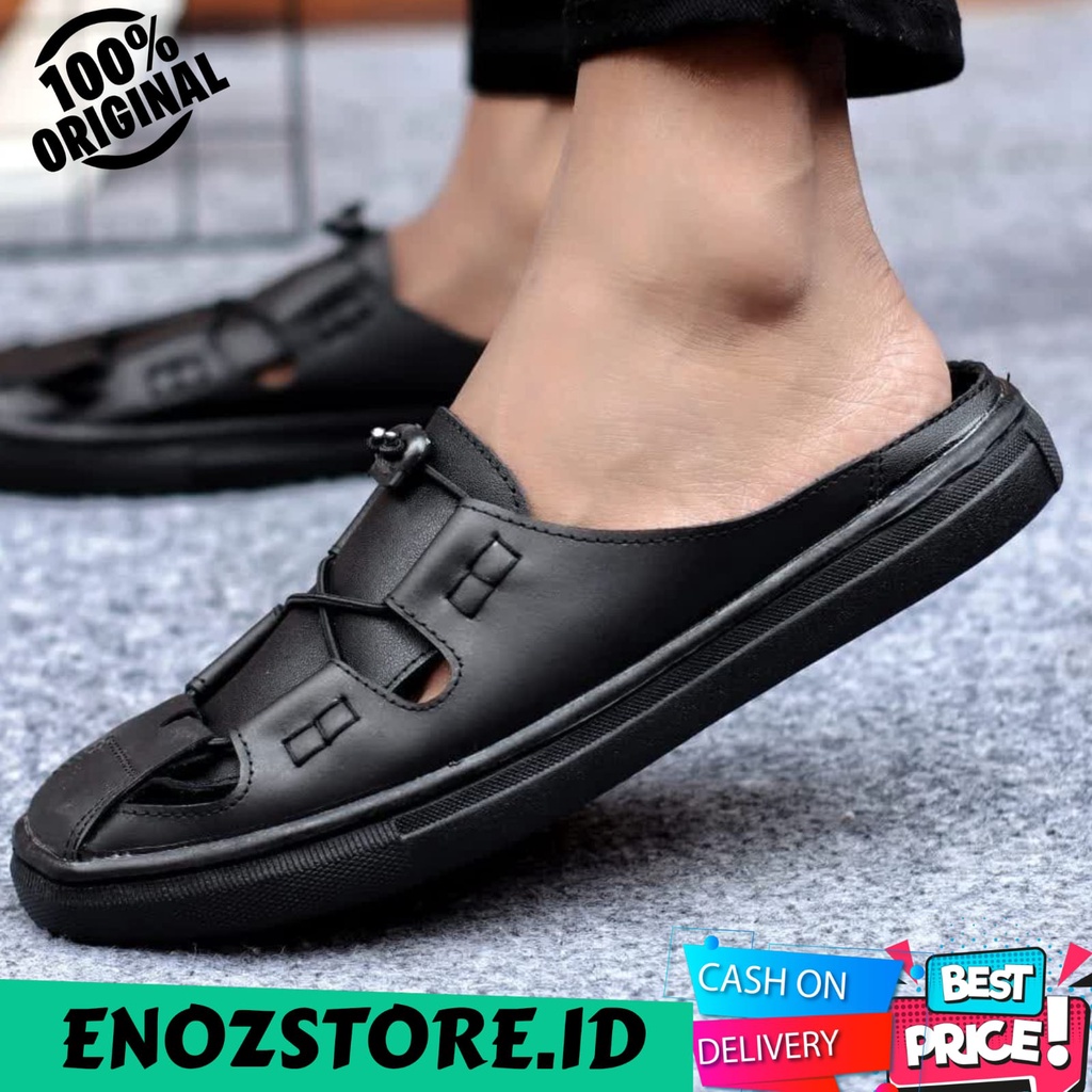 ENOZ X VELOZ - Sandal Slop Loafers Pria Kasual Kulit Asli Original Handmade Slip On Bustong Casual Cowo Laki Men ORI Terkini Sepatu Sendal Casual Cowok Keren Trendy Kekinian