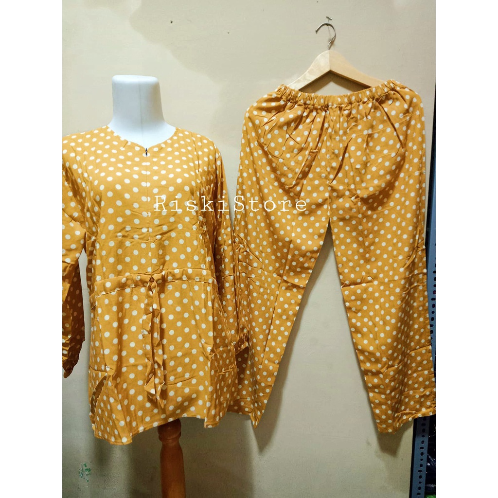 (BISA COD) - One Set Wanita Kekinian - Setelan Motif Polka Serut - Set Rayon Busui - Baju Wanita Kekinian-4