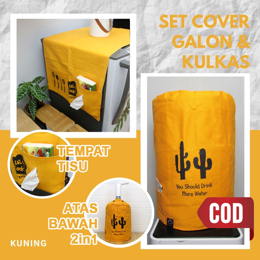 PAKET LEBIH MURAH - Cover Galon &amp; Cover Kulkas Warna Kuning Orange (Paket Polos-06)