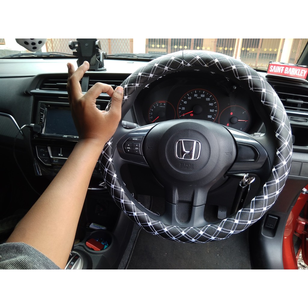 Sarung Stir Motif Mewah Steering Cover Benang Putih Cover Stir Exclusive Corak Benang Garis Putih