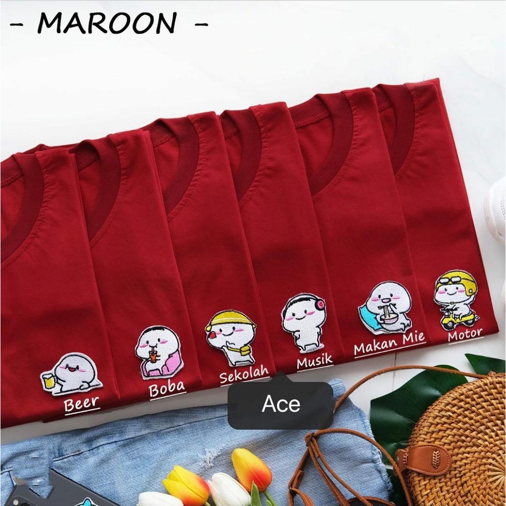 BSF Pentol Quby Series Bordir Maroon PE Kaos Perempuan Lengan Pendek Baju Atasan Wanita Kerah Bulat 