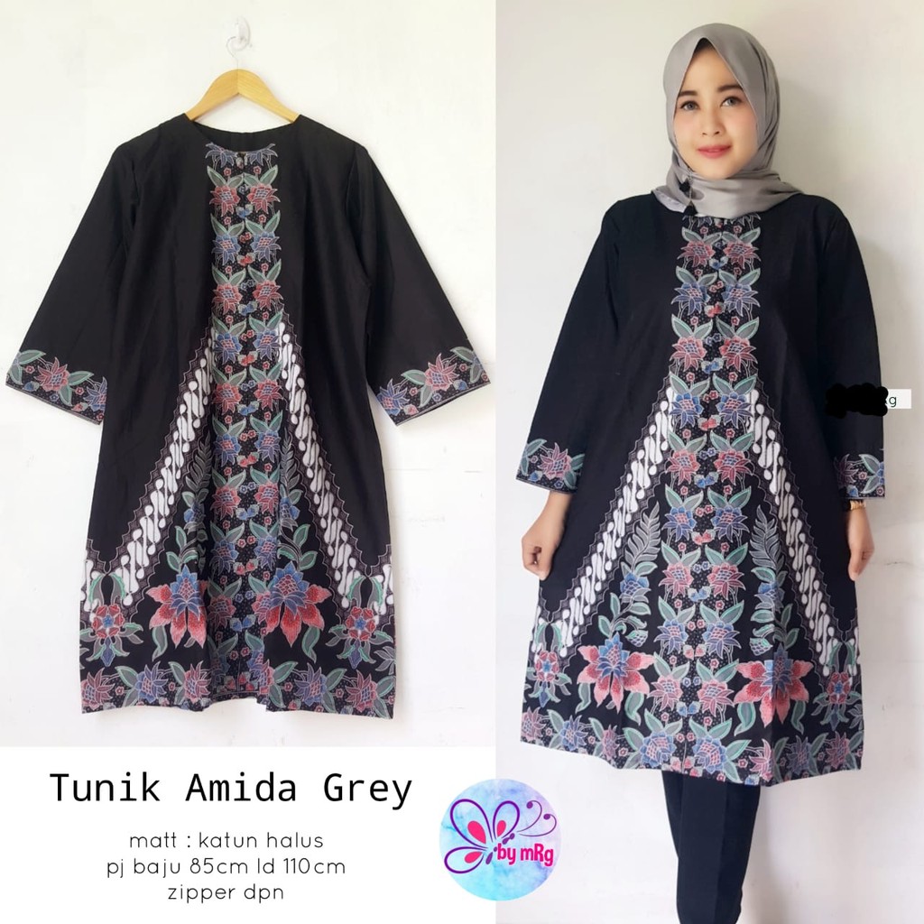 [PREMIUM] Tunik Amida Grey Batik Premium Solo Atasan Batik Midi Kombi Handmade Muslim Modern Kerja