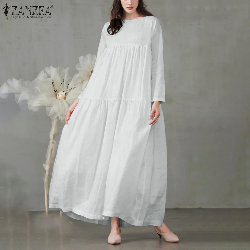 ZANZEA Women Solid Color Long Sleeve Ruffl Hem Swing Maxi Dress