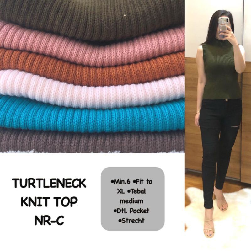 BARE KNIT TURTLENECK ATASAN WANITA STRETCH TANPA LENGAN