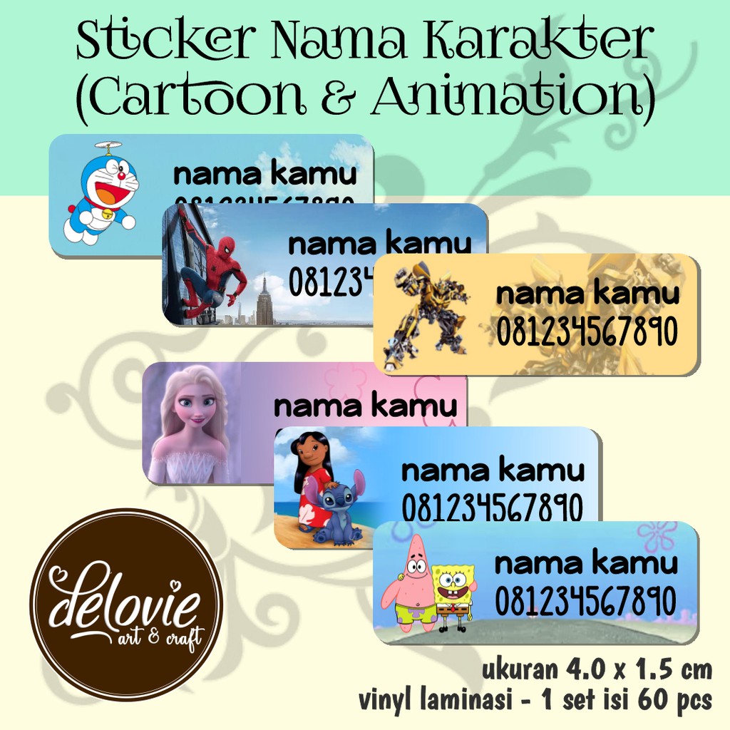 

delovie.art Stiker Nama Karakter Kartun Animasi Part 1 Isi 60 pcs 6 Karakter Ukuran 4 cm x 1,5 cm