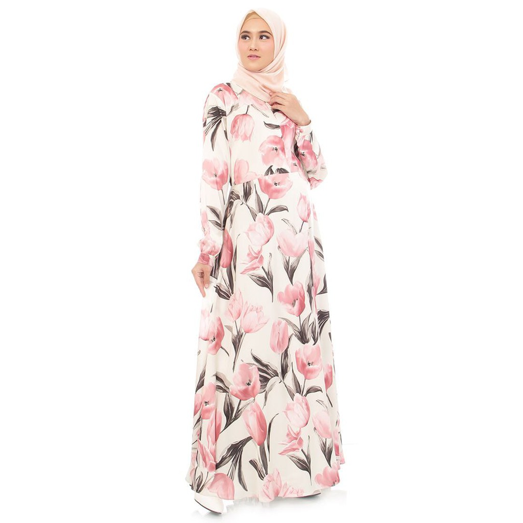 Baju Gamis Satin Silk Pink Tulip Dress Titantie Hijab