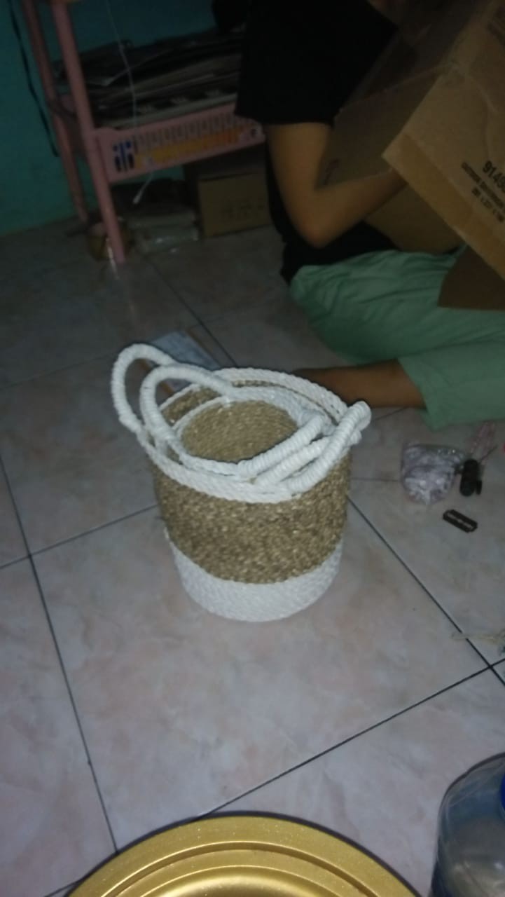 Keranjang Meja Set Isi 3pc White Anyaman Cover Pot Tanaman/scandynavian