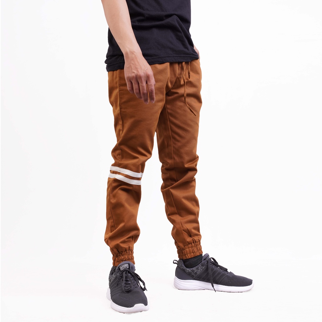 RS31 Jogger Pants Stripe Pria - Celana Joger Karet Jumbo Light Brown/Coklat