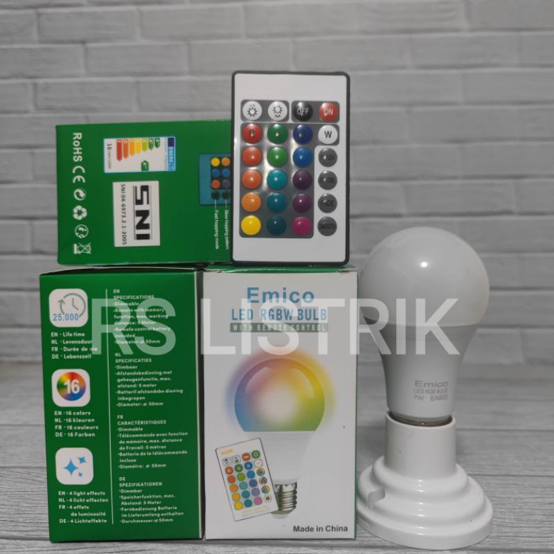 EMICO LAMPU HIAS BOLAM LED RGB REMOTE 7 WATT E27 RGBW 7W SNI