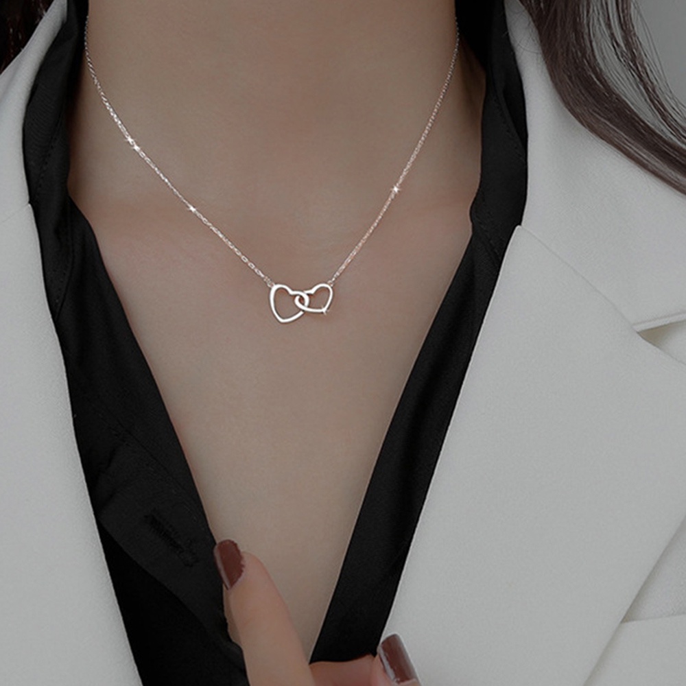 Kalung Rantai Choker Liontin Hati Ganda Bahan Logam Warna Emas Perak Untuk Wanita