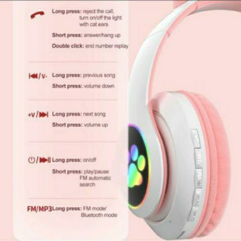 Headphone Bluetooth LED Cat Ear Macaron STN-28  Headset Eaerphone Wireless Bando Kucing LED