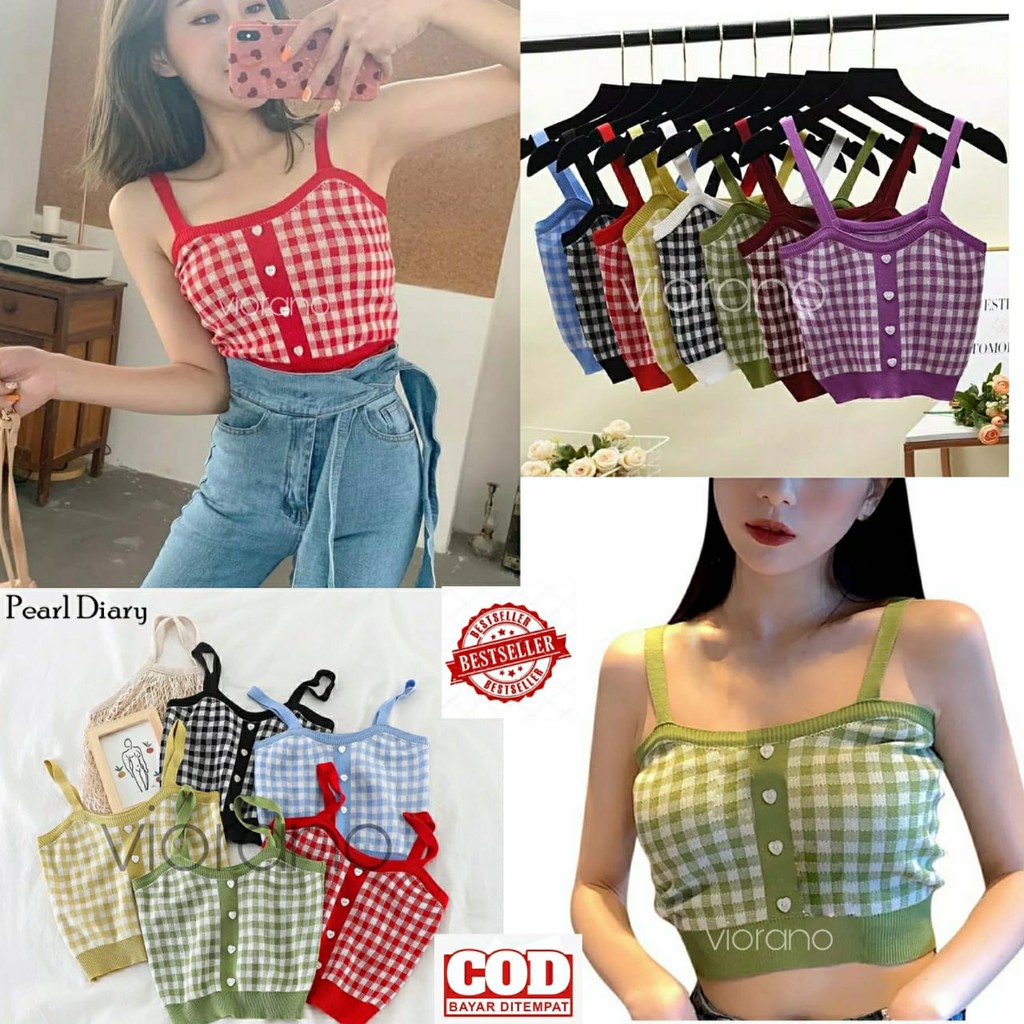 Crop Tank Top Kamisol Korea Tangtop Wanita Rajut Kotak-kotak Pendek Tali Kecil Model Cewek Korea